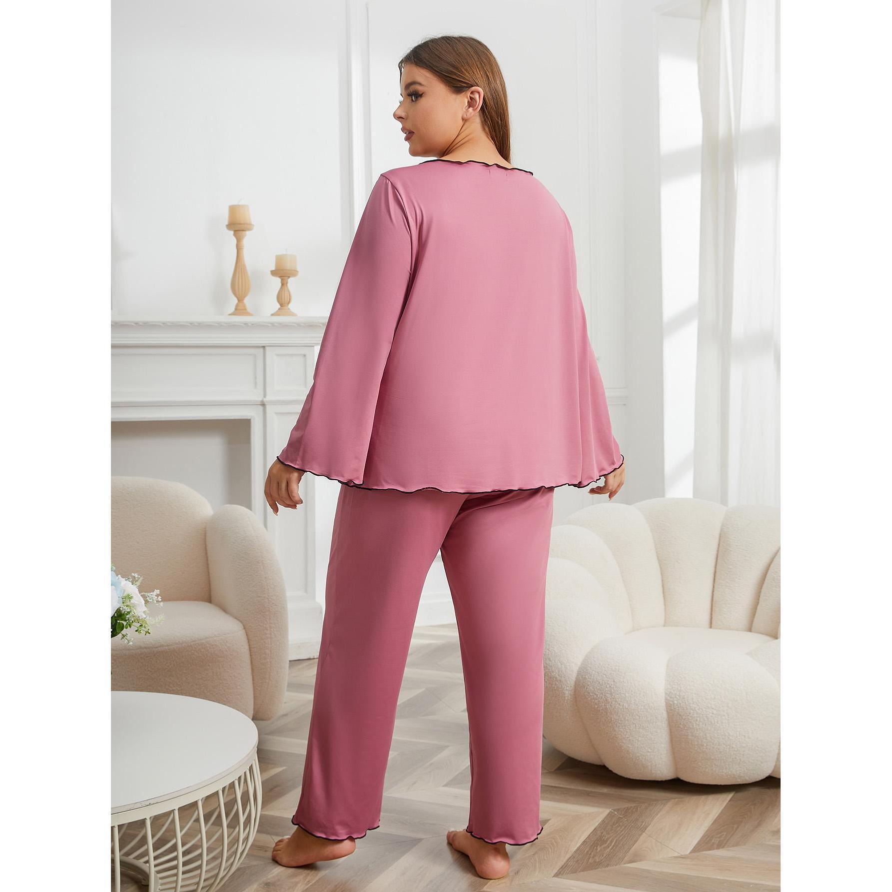Striped Split Long Sleeve Plus Size Homewear Suit Pink Polyester
