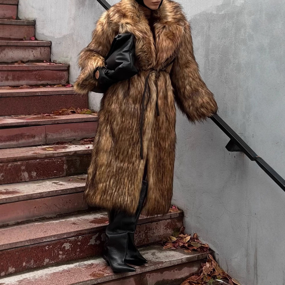 Women’s Autumn Winter Faux Fur Long Warm Wool Coat Brown Chenille