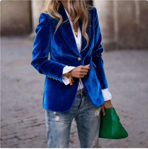 Velvet Lapel Slim Fit Single-Breasted Casual Business Jacket for Women