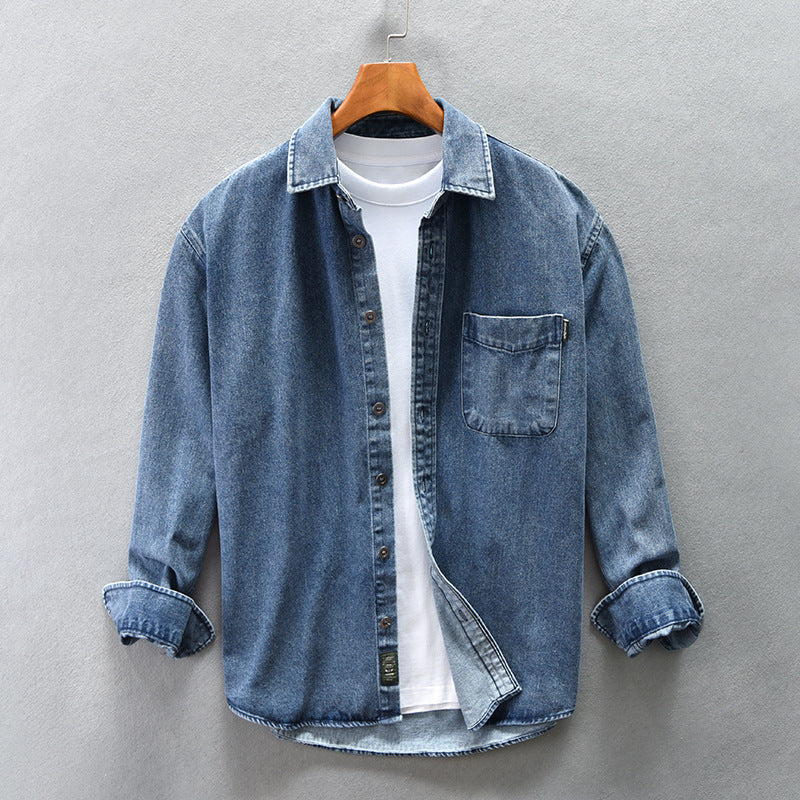 Drop Shoulder Loose Casual Cotton Denim Shirt Coat for Men