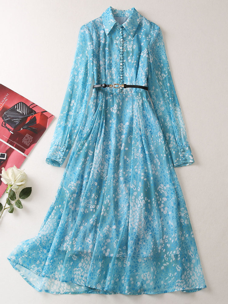 Elegant Printed Chiffon Polo Collar Dress for Women