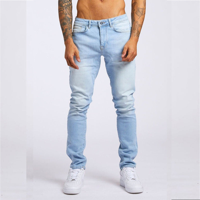 Jeans décontracté taille haute coupe slim pour homme bleu clair et noir
