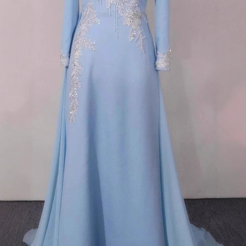 Robe longue en polyester bleu clair de luxe à manches longues et taille haute pour femme