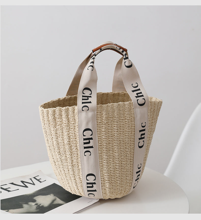 Hand-Woven Paper Bucket Bag for Women with Shoulder Strap