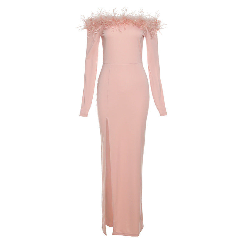 Robe Sexy Fendue à Manches Longues et Col en Fourrure, Épaule Dénudée, avec Jambes