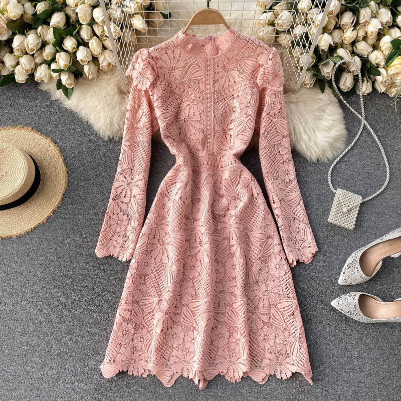 Celebrity Style Temperament Dress Scheming Hollow Lace