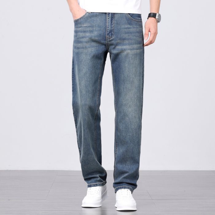 Jean Homme Coupe Droite Ample Taille Haute Coton Fin pour l'été