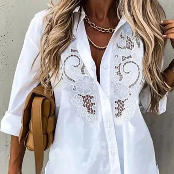 Casual White Lace Flower Embroidered Long-Sleeve Shirt