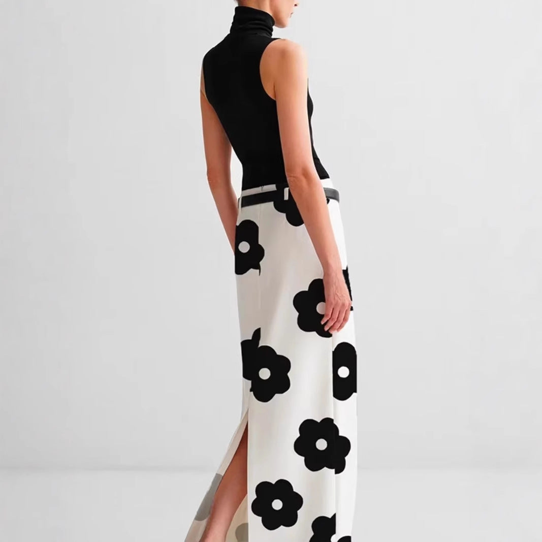 Elegant Black-and-White Printed Polyester Skirt for Women