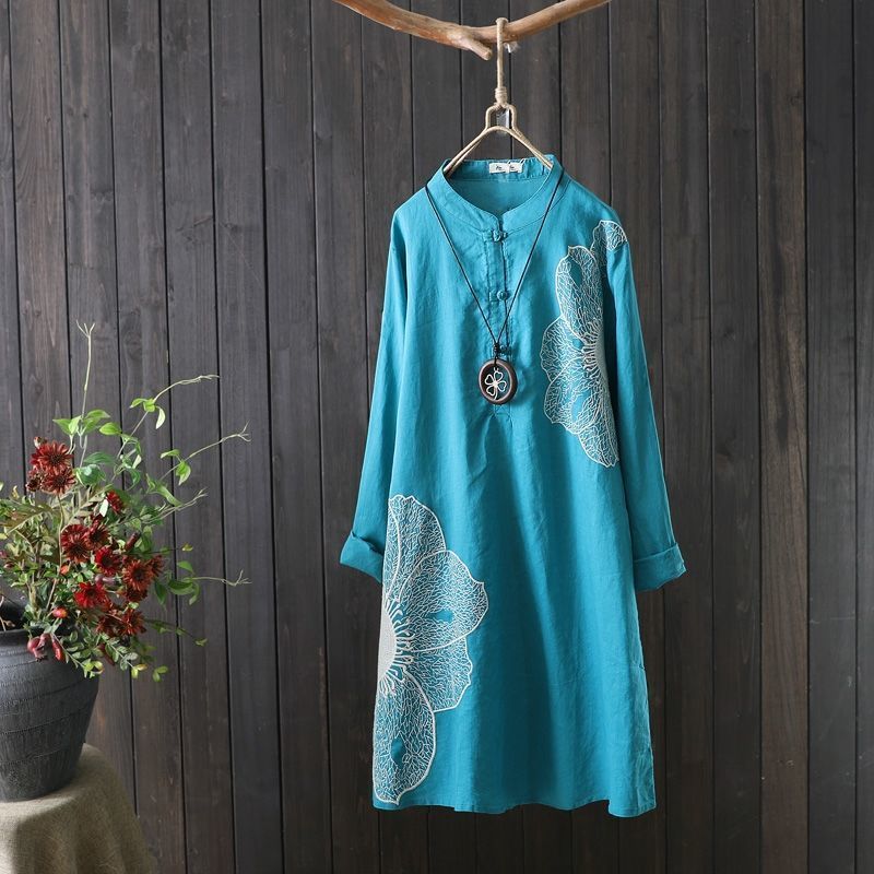 Ladies Mid-Length Loose Cotton Linen Embroidered Pullover Shirt