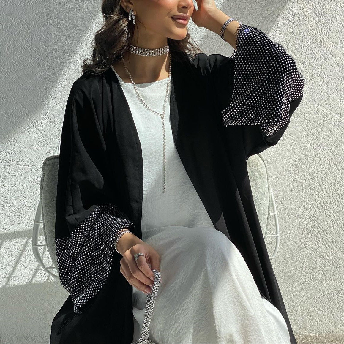 Cardigan Abaya Muslim Cross-border Stretch Diamond Mesh Robe