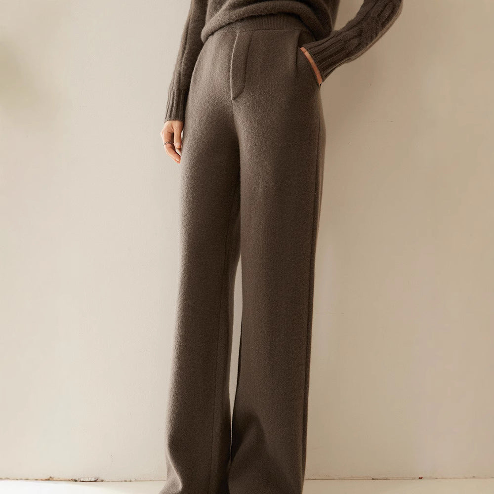 Pantalon large en cachemire tricoté, épais et fluide, à jambes droites et taille haute, flatteur pour la silhouette, pour femme