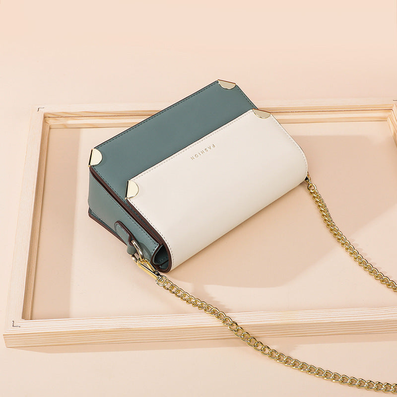 Women's Leather One Shoulder Chain Small Square Bag 19.5x13x6.5cm White Green