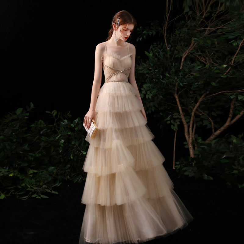 Robe de soirée bustier dorée à bretelles pour femme, idéale pour un banquet ou une hôtesse