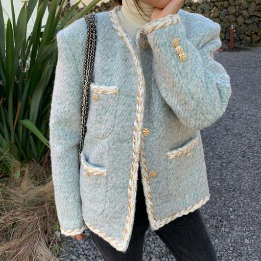 Women's Autumn Retro Wool Single-Breasted Loose Short Coat in Green, Black & Apricot