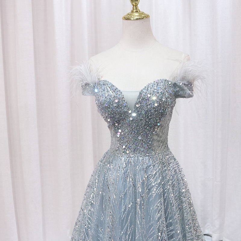 Robe de soirée asymétrique une épaule argentée pour femme avec perles fantaisie