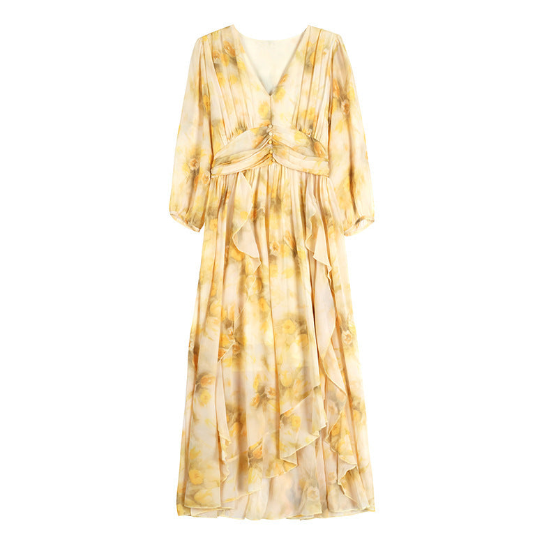 High-End Fashionable Yellow Chiffon A-Line Dress for Women