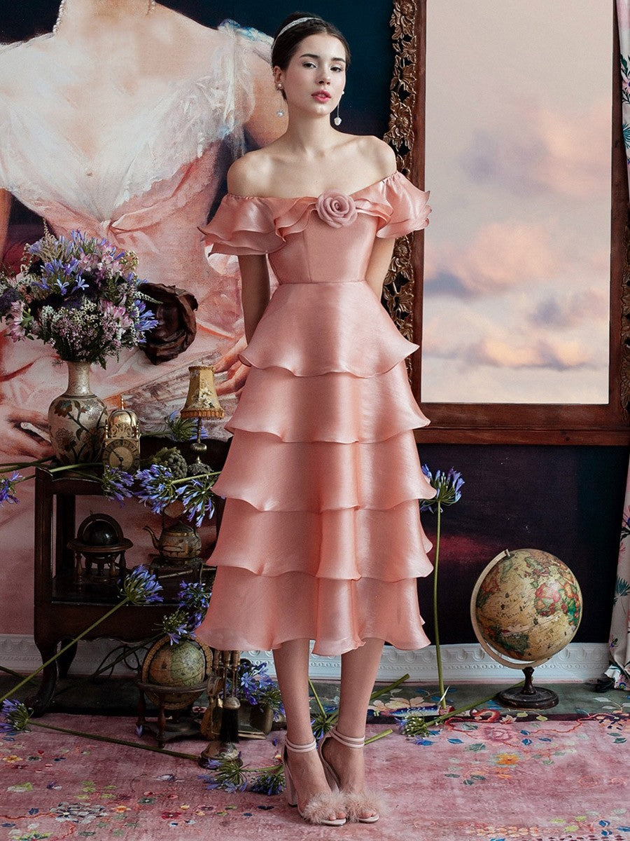 Robe de princesse rose asymétrique à volants pour femme