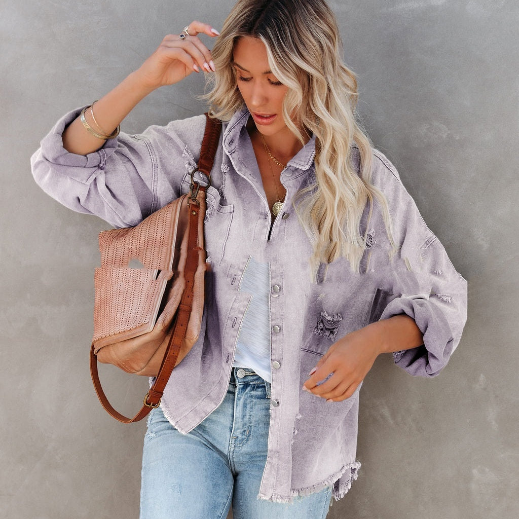 Veste en jean mi-longue déchirée à ourlet brut pour femme