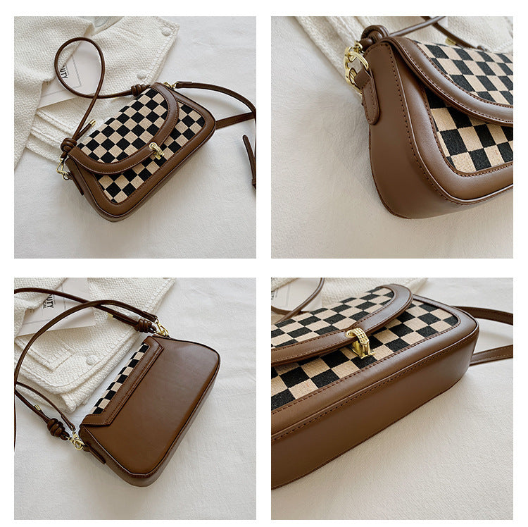 Plaid PU Messenger Bag 26x16x6cm Black Brown