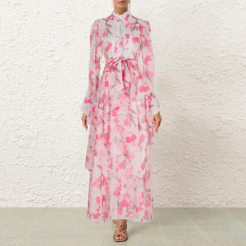 Autumn And Winter Lace Stitching Sweet Printed Ruffled Irregular Dress Women