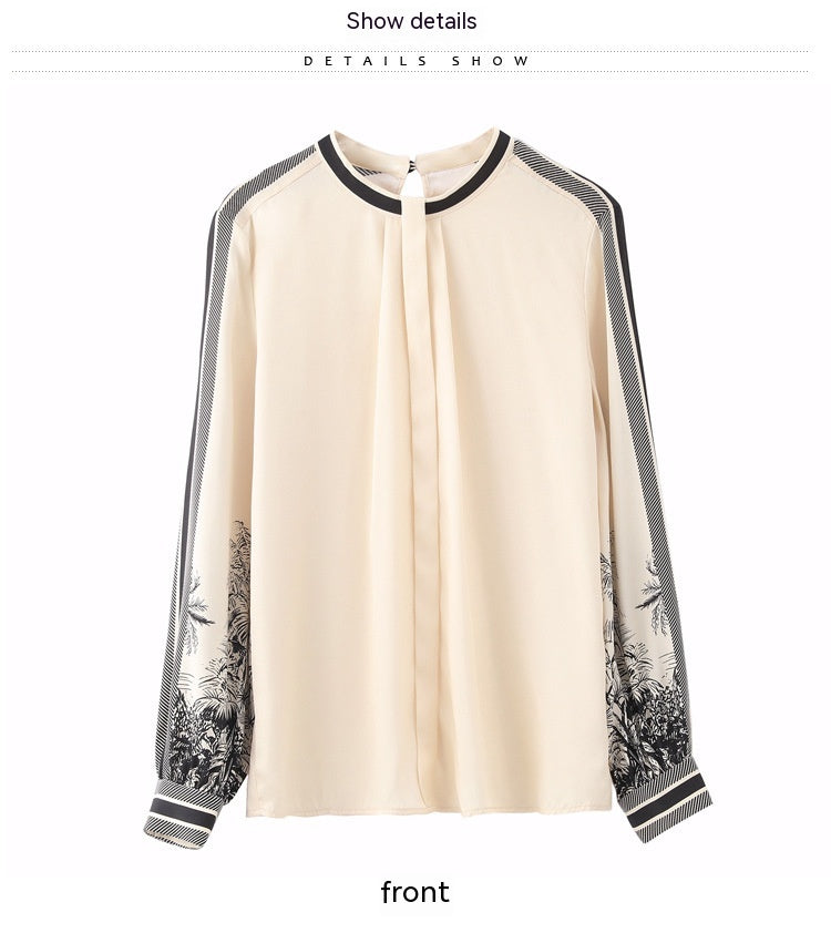 Women's Apricot Printed Mulberry Silk Satin Long Sleeve Shirt Slimming Spring Top