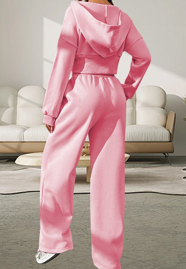 Pink Front Zip Hooded Sweatshirt & Two-Piece Pants Set