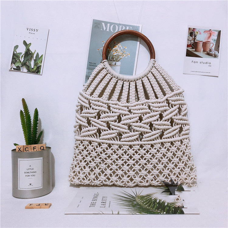 New Wooden Handle Portable Net Bag Straw Woven Bag Cotton Rope Hand-woven Bag