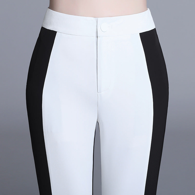 Women's Casual High-Waist Black & White Stitching Chiffon Straight-Leg Trousers