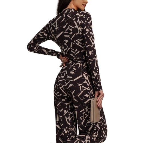 V-Neck Printed Long-Sleeve Jumpsuit for Women