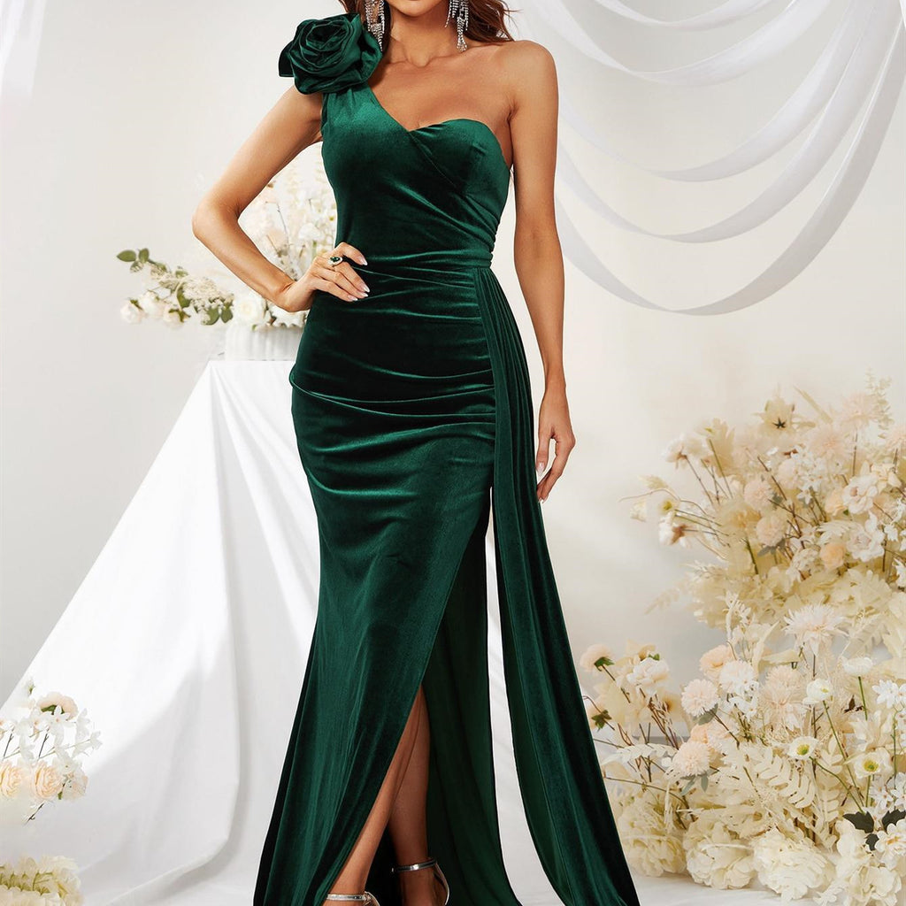 Robe longue vert foncé sans manches et asymétrique à fleurs 3D