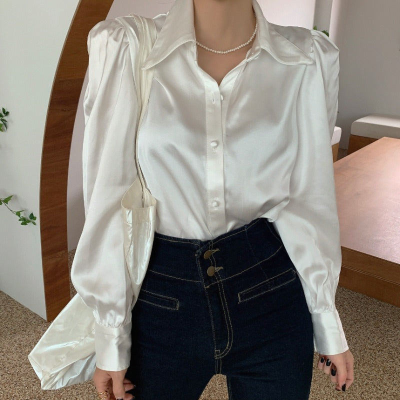 Women’s Puff Sleeve Lapel Loose White Cotton Blouse Shirt