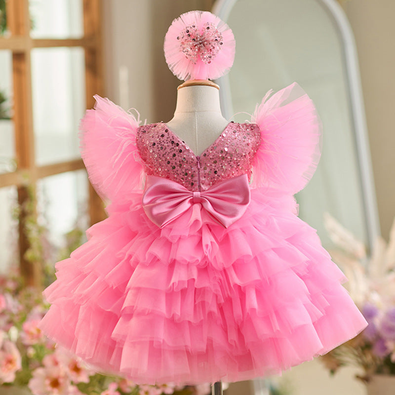 Girls' Pink Sequined Princess Dress with Headband - Sizes 80-160cm