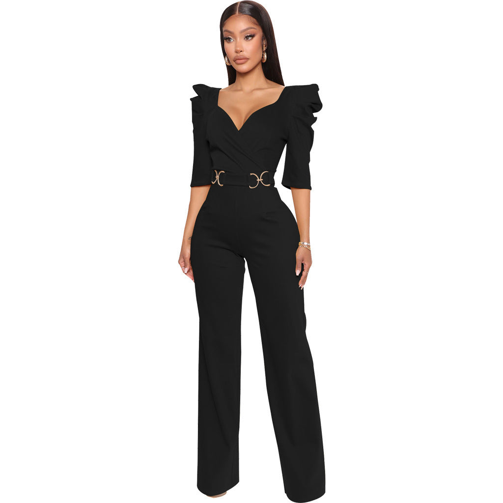 Long Sleeve V-Neck Wide Leg Sexy Jumpsuit