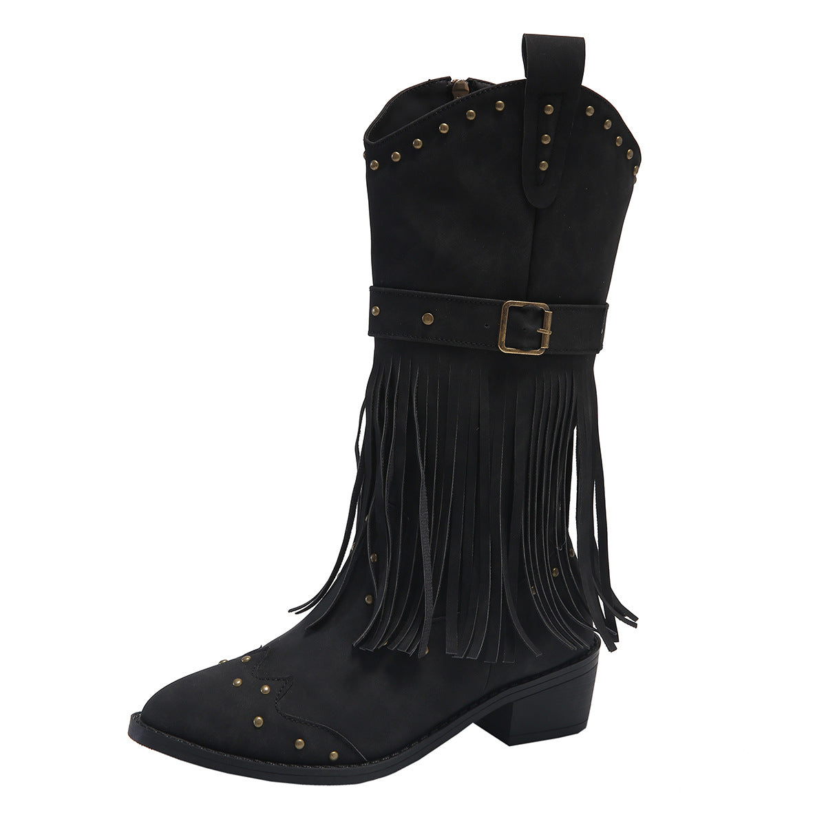 Retro Mid-Calf Women’s Winter Boots with Tassel, Rivet Strap, Buckle & Square Heel