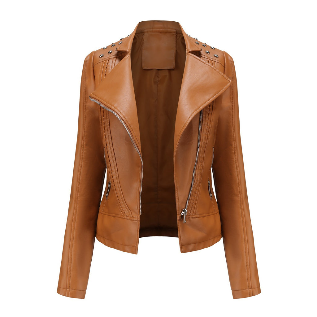 Beaded Leather Women's Long-Sleeve Lapel Motorcycle Jacket Thin Fashion Coat
