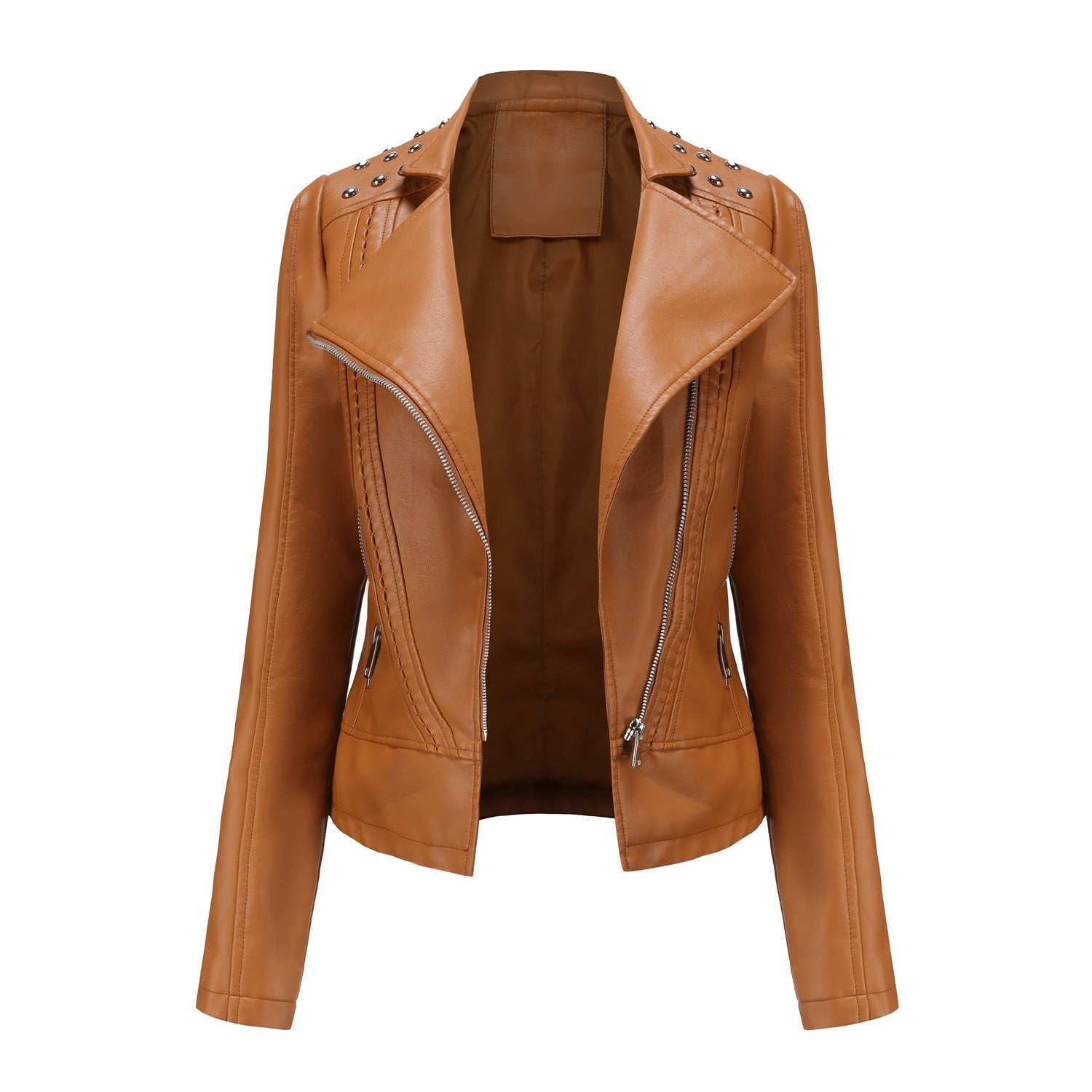 Beaded Leather Women's Long-Sleeve Lapel Motorcycle Jacket Thin Fashion Coat