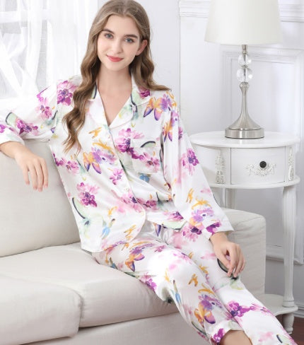 Ensemble de pyjama deux pièces en soie grande taille à manches longues printemps automne