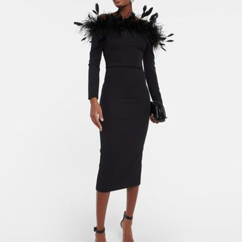 Summer Feather Long Sleeve Bandage One-Piece Dress