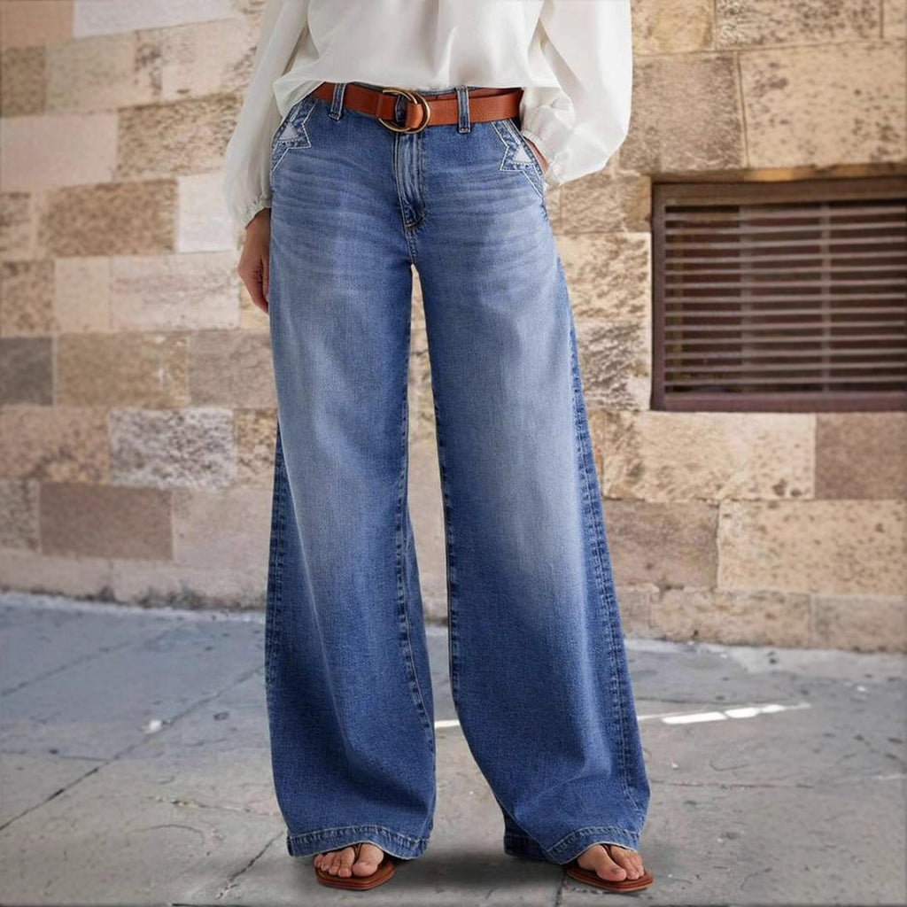Blue Embroidered High Waist Elastic Straight Denim Pants