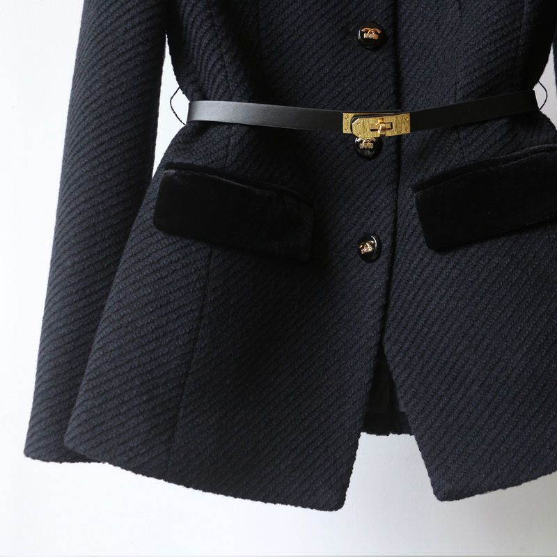 Women's Mid-Length Slimming Overcoat with Shoulder Detail in Black & White Cotton