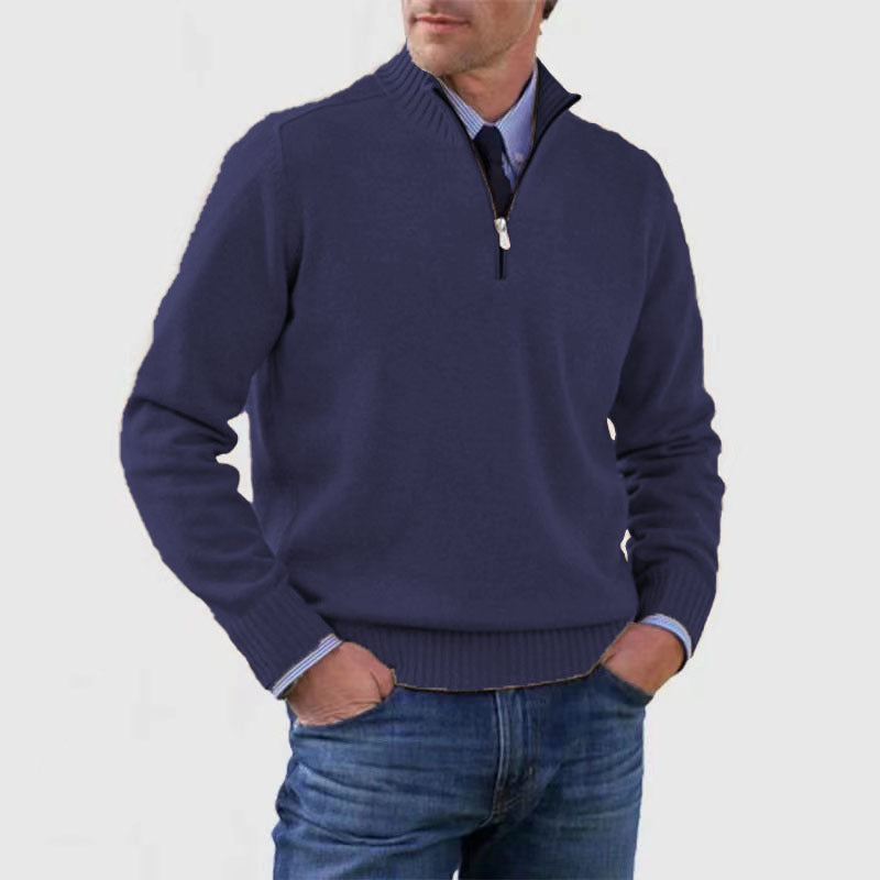 Pull tricoté à col montant zippé à manches longues pour homme, coupe ajustée