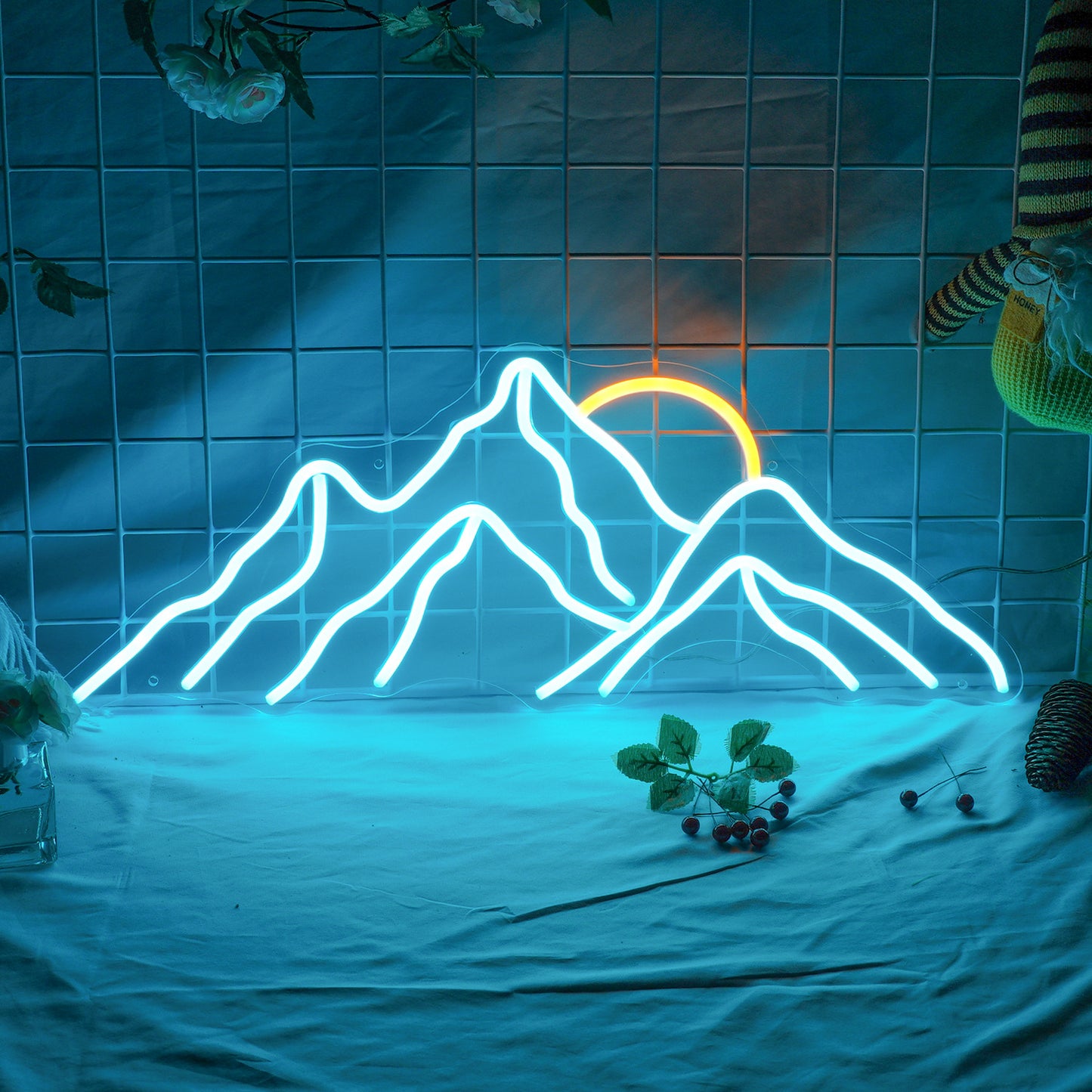 Lumière néon LED en acrylique en forme de montagne, atmosphère de lever de soleil