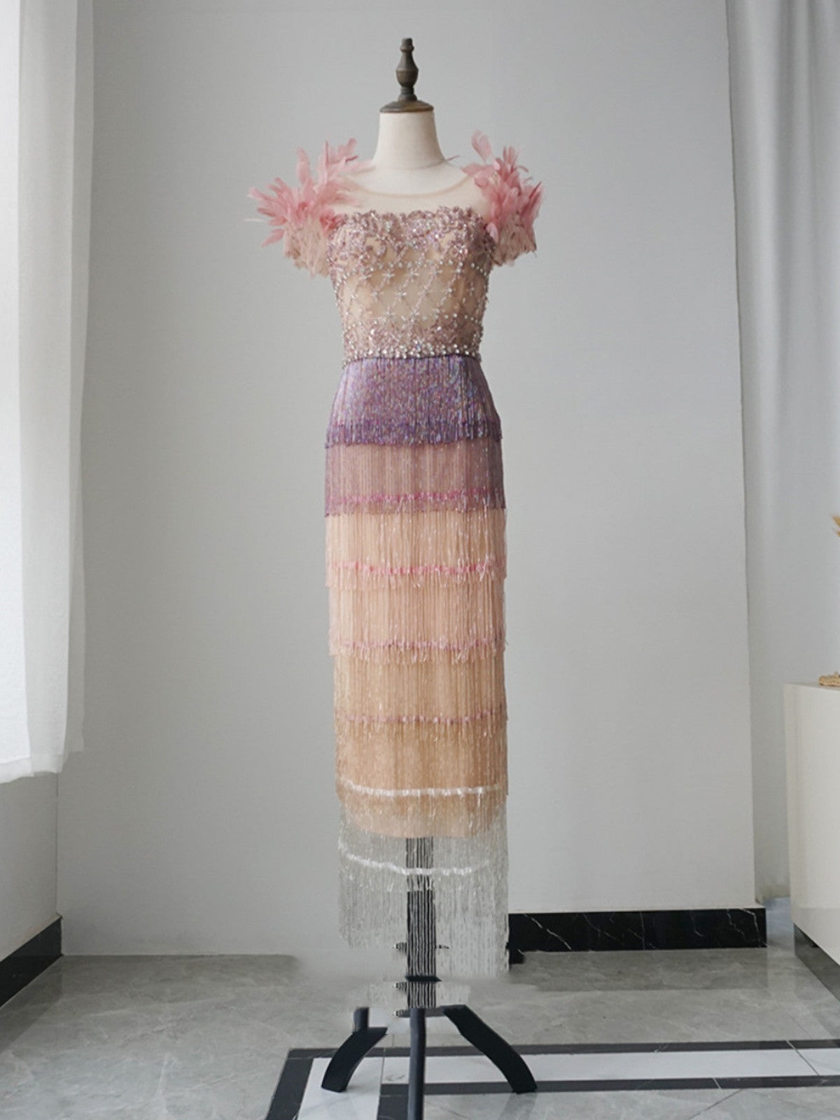 New Feather Mid Length Crystal Evening Dress