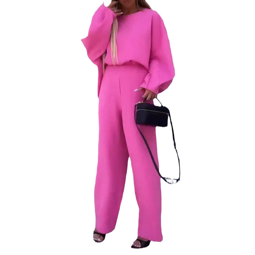 Ensemble deux-pièces femme couleur unie col rond manches longues taille élastique