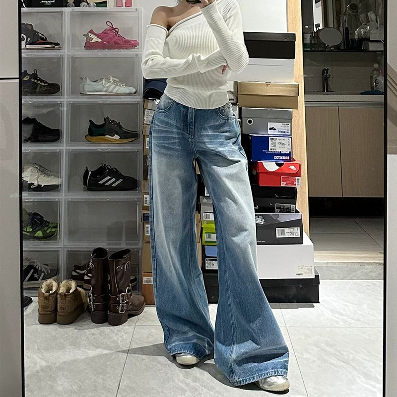 Retro Washed High Waist Wide Leg Denim Jeans for Women