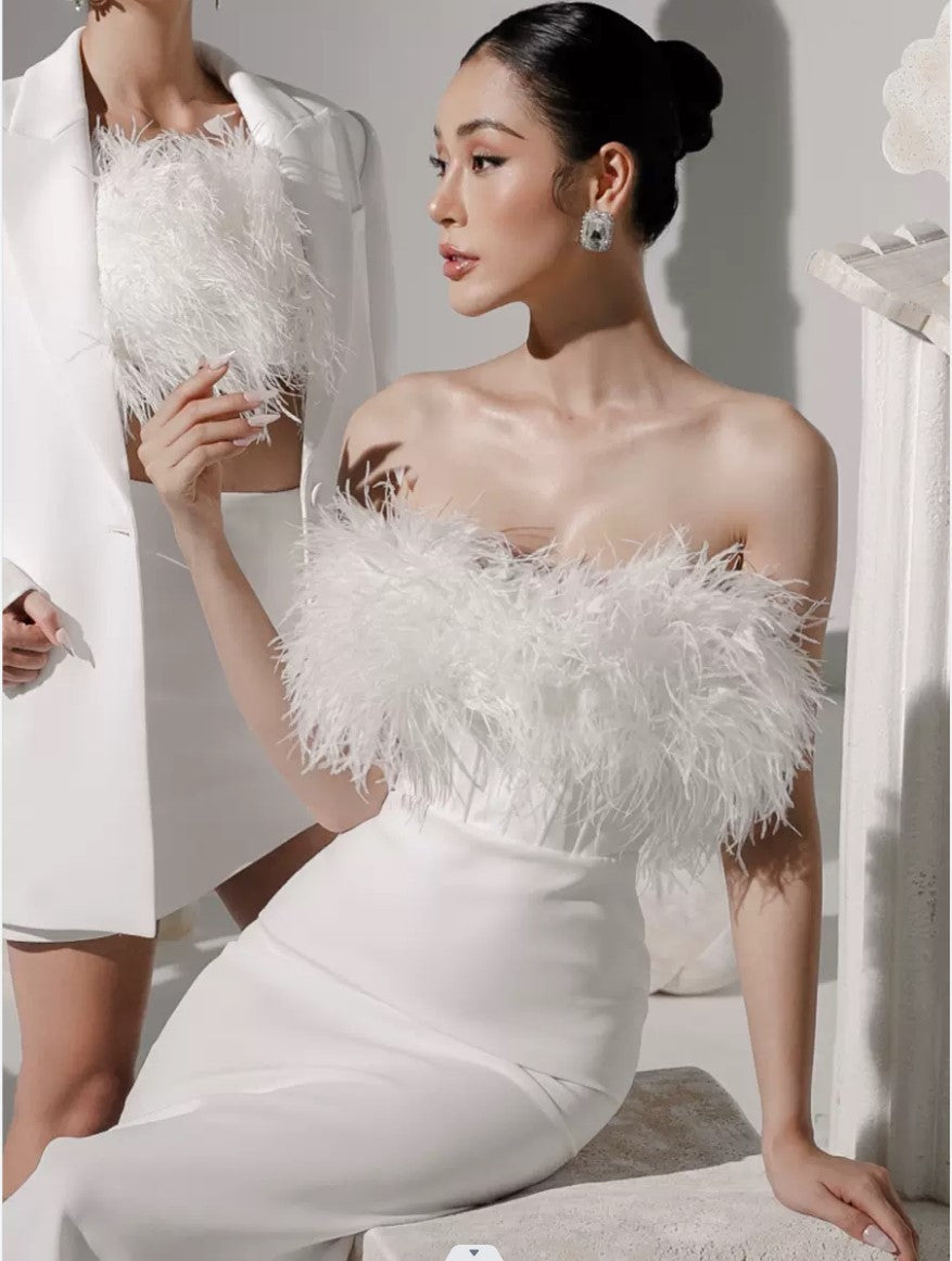 Light Luxury White Collarless Tassel Wrap Hip Evening Dress