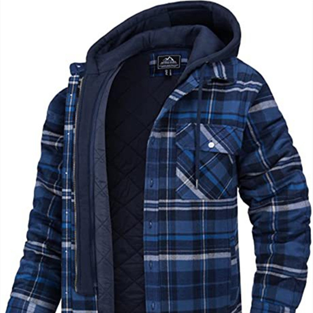 Men's Plaid Hooded Winter Coat Thick Padded Button Zip-Up Jacket Casual Outerwear