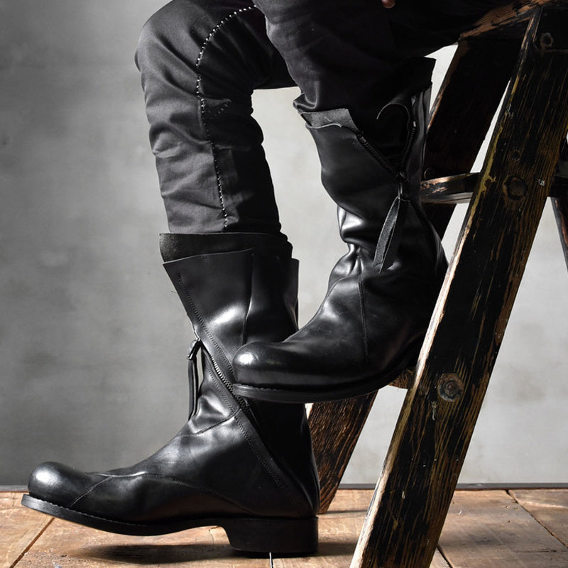 Bottes rétro en cuir déstructurées asymétriques pour hommes avec fermeture éclair
