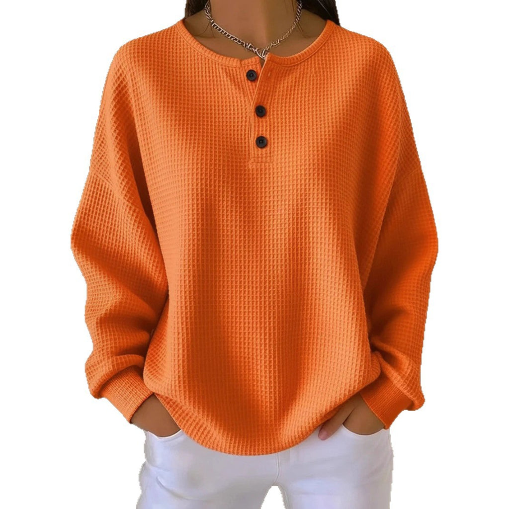 Haut pull à manches longues en tricot gaufré avec boutons, couleur unie, pour femme